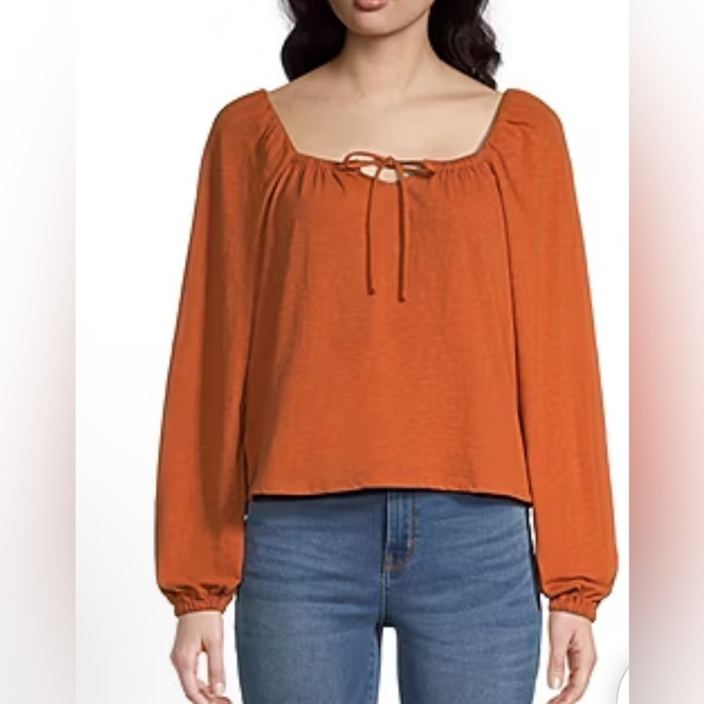 a.n.a. Split Tie Neck Long Sleeve Blouse PS